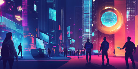 A futuristic cityscape with glowing skyscrapers, advanced transportation systems, and people interacting with holographic displays. The dynamic setting highlights technological innovation.の素材