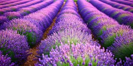 A serene lavender field at sunset with rows of purple flowers stretching into the distance, soft golden light illuminating the scene, and a warm breeze rustling the blooms.の素材
