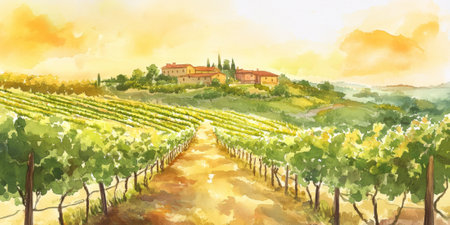 A serene hillside vineyard in Tuscany with rows of grapevines, a rustic farmhouse, and a soft sunset casting warm light over the landscape. The tranquil setting embodies Italian charm.の素材