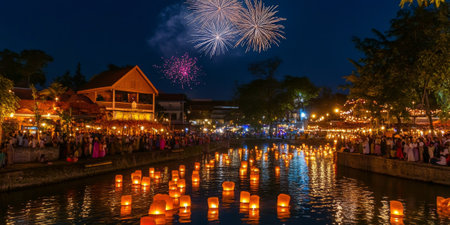 A vibrant festival of lights celebration, with floating lanterns illuminating a river, colorful fireworks above, and crowds gathered in joyful reverence. The lively and spiritual scene feels magical.の素材