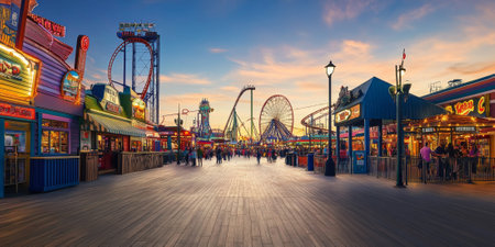 A vibrant urban boardwalk at sunset with roller coasters, colorful shops, and people enjoying the lively atmosphere. The dynamic and nostalgic setting feels joyful and fun.の素材