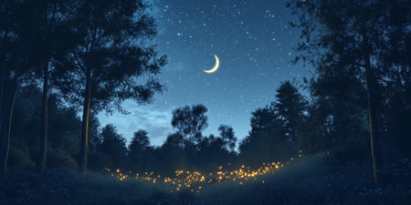 A serene starry night over a tranquil forest, with fireflies glowing softly and a crescent moon casting a gentle light. The peaceful atmosphere is enchanting.の素材