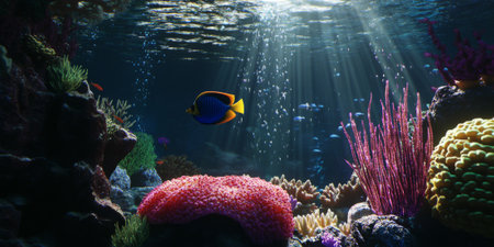 A serene coral reef underwater, with colorful fish swimming among vibrant corals, sunlight filtering through the water, and a peaceful marine atmosphere. The tranquil setting feels alive and magical.の素材