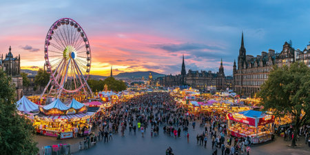 A vibrant summer fair with a Ferris wheel glowing against the twilight sky, colorful stalls selling treats, and families enjoying the festive atmosphere. The lively scene captures the joy of summer.の素材