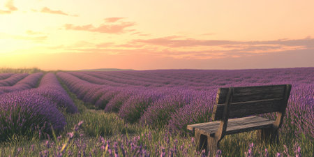 A tranquil lavender field at sunset with rows of purple blooms stretching to the horizon, a soft golden glow in the sky, and a rustic wooden bench placed in the foreground. The peaceful setting exudes relaxation and natural beauty.の素材