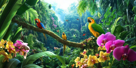 A vibrant tropical garden with colorful orchids, dense greenery, and exotic birds perched on branches. The lush and lively setting feels like a natural paradise.の素材