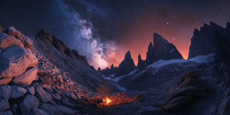 A dramatic canyon under the stars with jagged cliffs, a glowing campfire, and the Milky Way arching across the sky. The majestic and adventurous scene feels infinite.の素材