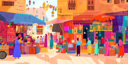 A bustling outdoor market in Morocco with vibrant textiles, spices, and lanterns, and lively merchants engaging with shoppers. The colorful setting celebrates cultural richness.の素材