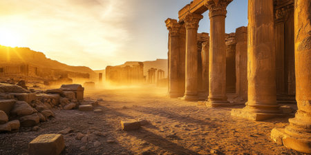 A dramatic ancient ruin in the desert with towering stone pillars, sand drifting across the ground, and golden light illuminating the scene. The historic and mysterious setting feels timeless.の素材