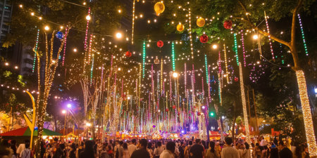 A vibrant holiday festival with twinkling lights, festive decorations, and cheerful crowds enjoying the celebrations. The joyful atmosphere feels warm and inviting.の素材