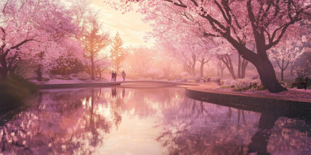 A tranquil spring park with cherry blossoms in bloom, a serene pond reflecting the trees, and couples walking along winding paths. The peaceful setting captures seasonal beauty.の素材