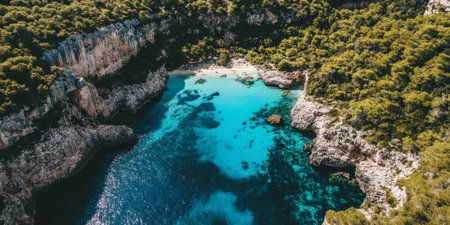 A serene tropical lagoon with turquoise waters, vibrant coral reefs, and lush green cliffs surrounding the bay. The tranquil setting feels like a hidden paradise.の素材