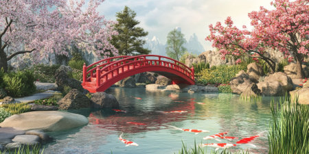 A tranquil Japanese garden with a red arched bridge, koi fish swimming in a pond, and cherry blossoms framing the serene landscape. The peaceful and harmonious setting feels timeless.の素材