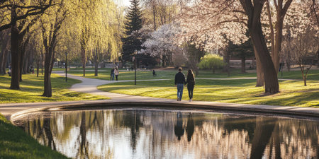 A tranquil spring park with cherry blossoms in bloom, a serene pond reflecting the trees, and couples walking along winding paths. The peaceful setting captures seasonal beauty.の素材