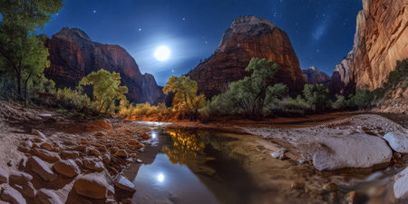A mystical canyon illuminated by soft moonlight, with a gentle stream reflecting the glowing night sky. The serene and magical setting is otherworldly.の素材