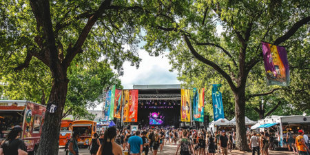A vibrant urban park during a music festival with a stage surrounded by crowds, colorful banners hanging from trees, and food trucks serving a variety of dishes. The lively setting is filled with excitement.の素材
