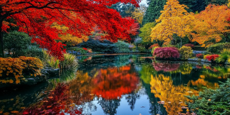 A serene lake surrounded by autumnal trees with leaves in shades of red, orange, and gold. The crisp reflections and calm waters create a picturesque seasonal scene.の素材