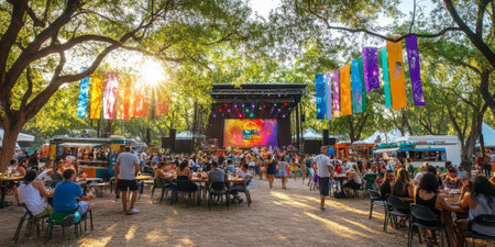 A vibrant urban park during a music festival with a stage surrounded by crowds, colorful banners hanging from trees, and food trucks serving a variety of dishes. The lively setting is filled with excitement.の素材