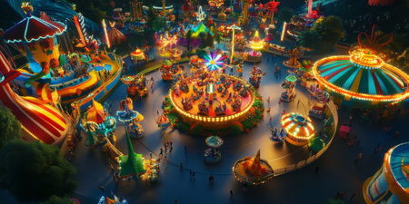 A vibrant carnival with colorful rides, cheerful crowds, and an energetic atmosphere of laughter and music. The lively scene celebrates joy and festivity.の素材