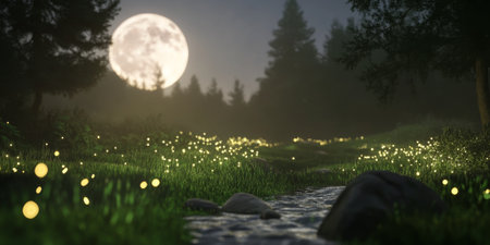 A tranquil meadow under a full moon, with fireflies glowing softly, a gentle brook running through the grass, and the peaceful sound of nature filling the night air. The magical and serene scene feels enchanting.の素材