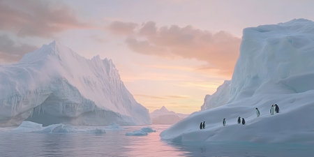 A dramatic Antarctic landscape, with towering icebergs floating in a calm sea, penguins gathered on the ice, and the soft pastel hues of an endless polar sunset. The pristine and otherworldly setting feels peaceful.の素材