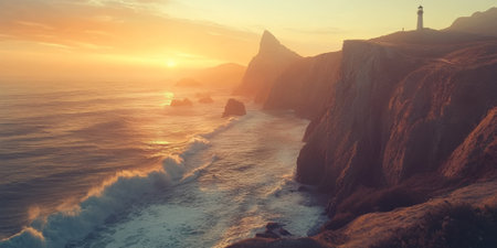 A dramatic coastal landscape with steep cliffs, crashing waves, and a lone lighthouse standing tall under the warm hues of a setting sun. The rugged and powerful setting feels iconic.の素材