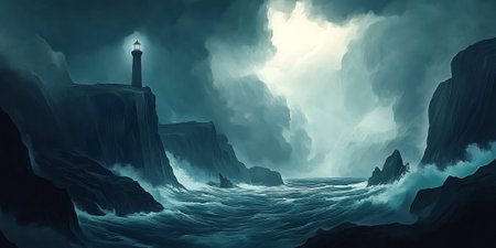 A dramatic stormy coastline, with dark clouds rolling in, waves crashing violently against jagged rocks, and a lone lighthouse standing steadfast amidst the chaos. The powerful and raw setting feels intense.の素材