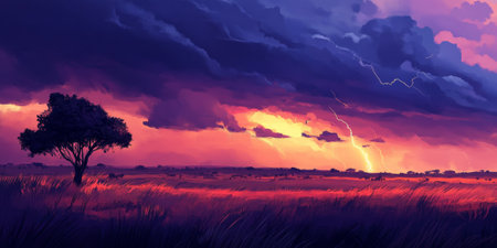 A dramatic savanna during a thunderstorm, with dark clouds rolling across the horizon, a lone tree standing tall against the wind, and flashes of lightning illuminating the vast landscape. The powerful and raw scene feels intense.の素材
