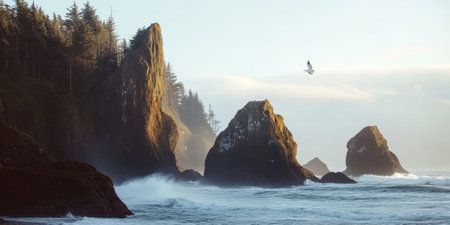 A dramatic coastal cliffside with rugged rock formations, powerful waves crashing below, and a lone seagull soaring in the wind. The raw and majestic setting feels untamed and vast.の素材