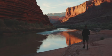 A dramatic canyon landscape with a winding river reflecting the fiery hues of sunset, towering red rock walls, and a sense of serene isolation. The majestic and timeless setting feels vast and inspiring.の素材