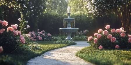 A tranquil garden pathway surrounded by blooming roses, soft grass underfoot, and the gentle sound of a bubbling fountain in the distance. The peaceful and enchanting scene feels rejuvenating.の素材