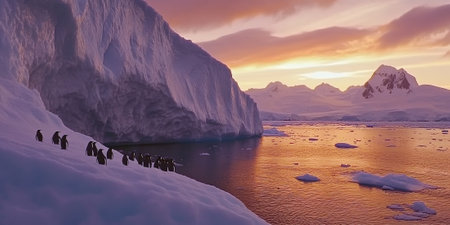 A dramatic Antarctic landscape, with towering icebergs floating in a calm sea, penguins gathered on the ice, and the soft pastel hues of an endless polar sunset. The pristine and otherworldly setting feels peaceful.の素材