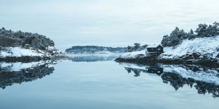 A tranquil Nordic fjord in winter, with icy waters reflecting the snowy cliffs, a wooden cabin nestled on the shore, and soft northern light illuminating the sky. The serene and picturesque scene feels calming.の素材