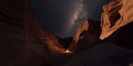 A dramatic desert canyon under a starlit sky, with towering sandstone formations, the faint glow of a campfire in the distance, and the Milky Way shining brightly above. The majestic and serene scene feels timeless.の素材