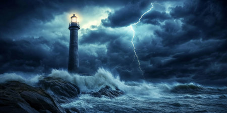 A dramatic coastal storm at twilight, with lightning illuminating dark clouds, waves crashing against a rocky shoreline, and a lone lighthouse standing resolutely. The raw and intense scene feels powerful.の素材