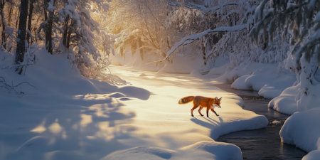 A dramatic winter forest covered in fresh snow, with a lone fox walking silently across a frozen stream, and the morning sun casting long shadows. The serene and magical setting feels touched.の素材