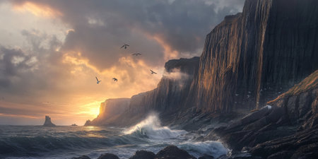 A dramatic coastline at sunrise, with steep cliffs dropping into the ocean, waves crashing against the rocks, and seagulls soaring in the glowing sky. The majestic and wild setting feels invigorating.の素材