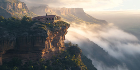 A dramatic cliffside monastery perched on a high peak, with mist rolling through the valley below, and the first light of dawn casting a serene glow. The spiritual and breathtaking setting feels otherworldly.の素材