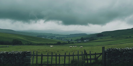 A tranquil countryside in England, with rolling green hills, stone fences, grazing sheep, and a quaint village in the distance under a cloudy sky. The peaceful setting feels charming and timeless.の素材