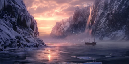 A dramatic winter scene of an icy fjord, with steep cliffs covered in snow, a lone fishing boat in the distance, and the soft light of the setting sun reflecting off the frozen water. The serene and remote setting feels breathtaking.の素材