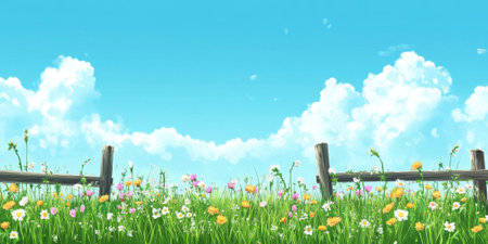 A tranquil meadow in summer, with wildflowers swaying gently in the breeze, a wooden fence stretching into the distance, and a bright blue sky dotted with fluffy clouds. The peaceful and picturesque setting feels serene.の素材