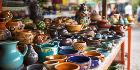 A vibrant artisan market in Mexico, with colorful crafts, intricate pottery, handmade jewelry, and locals sharing stories with visitors in a lively square. The cultural and festive scene feels immersive.の素材