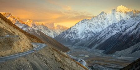 A dramatic mountain pass with a winding road, surrounded by towering snow-capped peaks, and a distant valley illuminated by the golden light of sunset. The awesome-inspiring and rugged scene feels adventurous.の素材