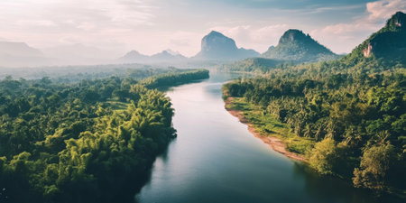 A tranquil river winding through a dense jungle, with lush green trees arching over the water, and the sound of exotic wildlife echoing in the distance. The untouched and vibrant setting feels alive.の素材