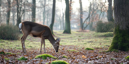 A serene forest clearing in early morning, with soft sunlight filtering through the trees, a deer grazing peacefully, and a carpet of moss and fallen leaves covering the ground. The tranquil and magical scene feels refreshing.の素材