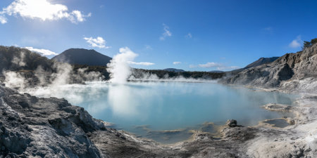 A dramatic volcanic crater lake with turquoise water surrounded by rugged cliffs and steaming vents, under a clear and vivid sky. The raw and untamed setting feels mysterious.の素材