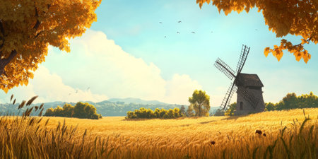A tranquil countryside scene in late summer, with golden fields stretching to the horizon, a rustic windmill turning slowly, and the soft sound of birdsong filling the air. The idyllic and peaceful setting feels serene.の素材