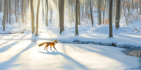 A dramatic winter forest covered in fresh snow, with a lone fox walking silently across a frozen stream, and the morning sun casting long shadows. The serene and magical setting feels touched.の素材