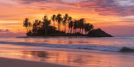 A tranquil tropical island at sunset, with palm trees silhouetted against a fiery sky, gentle waves lapping at the sandy shore, and the soft sound of birds chirping. The peaceful and dreamy scene feels serene.の素材