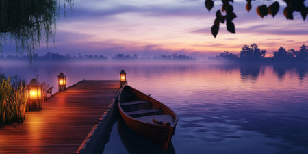 A serene lakeside dock at dusk, with lanterns glowing softly, calm water reflecting the purple and orange hues of the sunset, and a small rowboat tied to the dock. The peaceful and timeless setting feels meditative.の素材